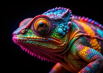 Obraz premium A Captivating Chameleon Bathed in Neon Lights Against a Dark Backdrop, Showcasing the Beauty of Tilt-Shift Photography and Its Vibrant Color Palette