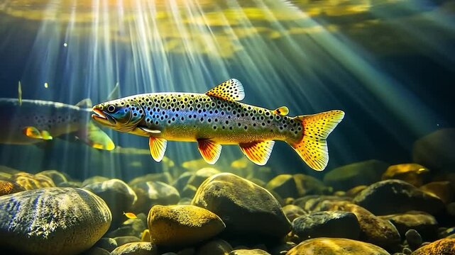 Brown Trout in Sunlit Riverbed 