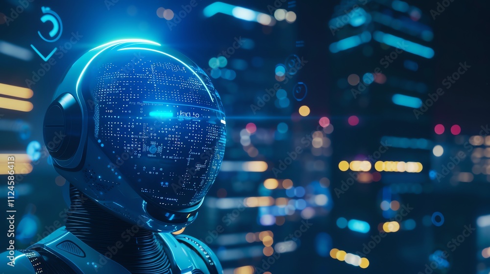 Poster a futuristic robot is looking at data on a large screen.