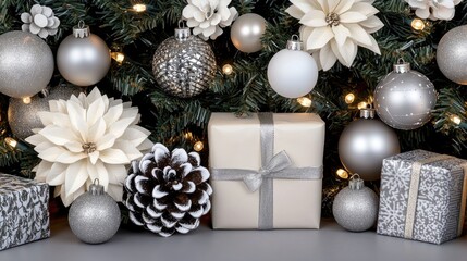 Luxurious silver and white Christmas tree sparkling with shiny ornaments stands among beautifully wrapped gifts under a warm bokeh background