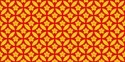 Geometric Asian line art seamless pattern with oriental traditional shapes flowers ornament, waves. Red and gold Japanese print for lunar chinese new year decoration. Luxury retro vector illustration