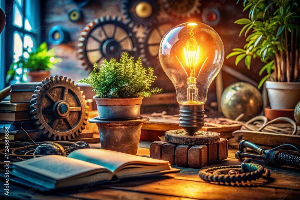 Poster A Captivating Light Bulb Surrounded by Diverse Objects Symbolizing Innovation, Creativity, and Ideas in a Dynamic Documentary Photography Style for Generative AI Exploration