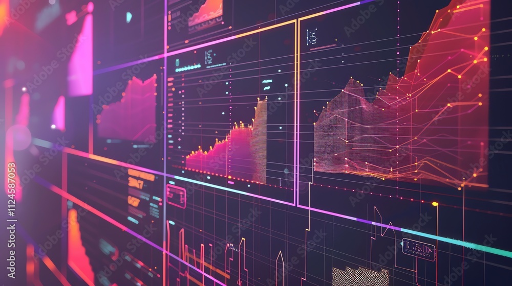 Poster a digital screen displaying a variety of data charts and graphs in pink and blue colors.