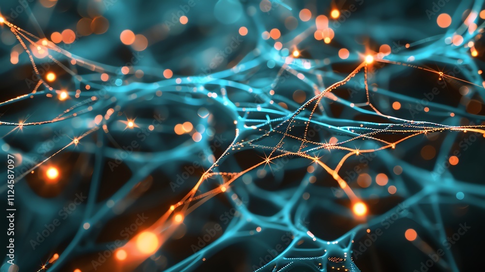 Poster an abstract image of a glowing blue and orange neural network, resembling a web.