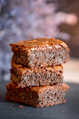 Dark chocolate brownies stack, lavender flowers