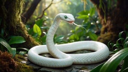 Fototapeta premium A mystical white snake, its slender body elegantly coiled, sits serene amidst the dense foliage of a vibrant forest, 