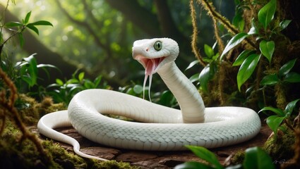 Fototapeta premium A mystical white snake, its slender body elegantly coiled, sits serene amidst the dense foliage of a vibrant forest, 