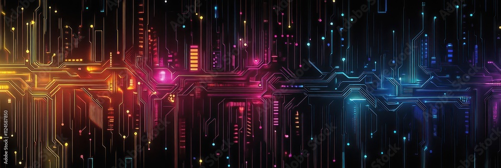Aufkleber Intricate Cyberpunk Circuit Patterns with Neon Colors and Depth