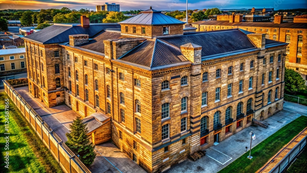 Poster a captivating view of an old jail building with numerous small windows, showcasing architectural det