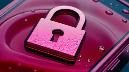 Colorful padlock on a smartphone screen surrounded by water droplets symbolizing security and privacy concerns