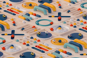 Abstract geometric wooden games with colorful patterns and shapes