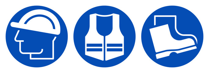 Safety Signs - must be worn symbols , Wear helmet, wear safety shoes, and wear protective vest.