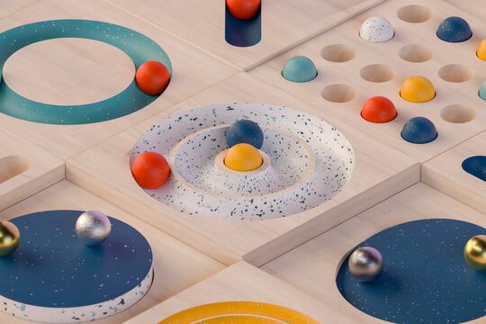 Wooden game board with colorful spheres and circles
