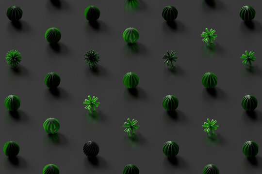 Green 3D cactus objects arranged in a symmetrical pattern