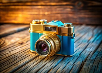 A Charming Blue Camera with Gold Lens on Rustic Wooden Table - Capturing the Essence of Photography in a Cozy Setting