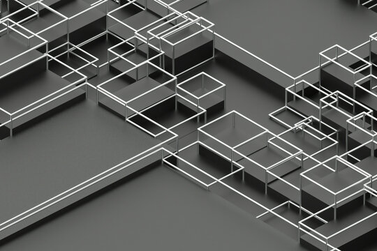 Abstract geometric metal structures on black background