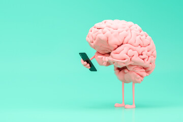 Surreal brain using a smartphone against a pastel background