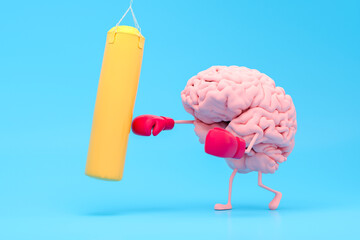 Cartoon brain wearing boxing gloves hitting a punching bag