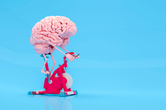 Brain exercising on a stationary bike against a blue background