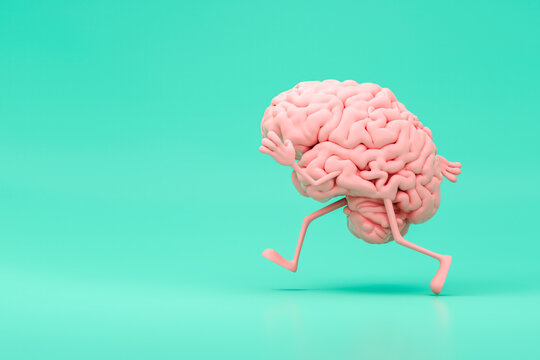 Illustration of a pink brain running with legs and arms on a green background