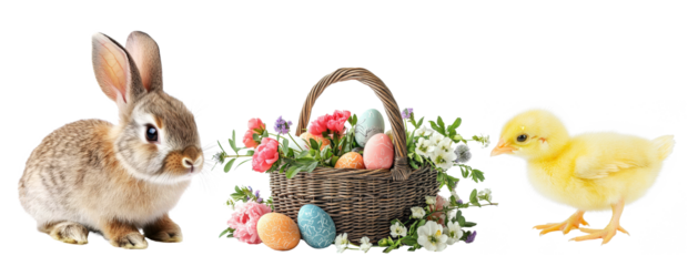 Adorable bunny and yellow chick with Easter basket of colorful eggs