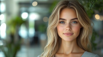 Successful Businesswoman Smiling in Modern Office with Minimalist Design and Greenery