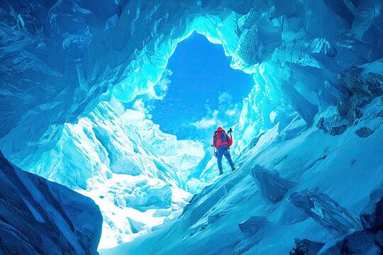 Speleologist in a cave observing the ice