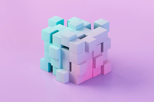 Abstract 3D render of pink and mint cubes in a geometric arrangement.