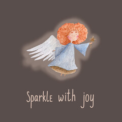 Elegant illustration of an angel surrounded by glowing stars on a deep dark background. Perfect for holiday greeting cards, Christmas wishes, or decorative designs.