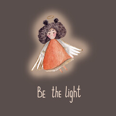 Charming illustration of an angel in a flowing orange dress, exuding warmth and elegance. Surrounded by a serene atmosphere, this artwork is perfect for holiday greeting cards, spiritual designs.