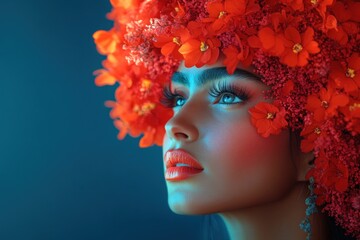 Surreal Woman with Floral Headdress in Vibrant Colors and High Contrast Lighting