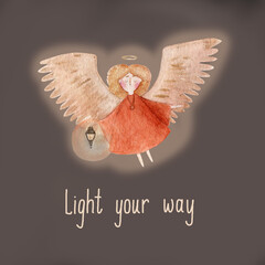 Watercolor  illustration of an angel holding a glowing candle, surrounded by soft light and a peaceful atmosphere. Ideal for holiday greeting cards, Christmas invitations, prints,decorations.