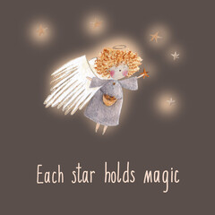 Elegant illustration of an angel surrounded by glowing stars on a deep dark background. Perfect for holiday greeting cards, Christmas wishes, decorative prints, posters, and digital designs. 