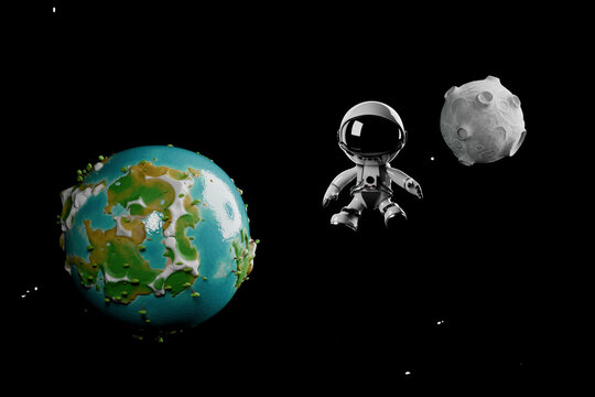 Cute astronaut floating in space between Earth and a moon cartoon illustration.