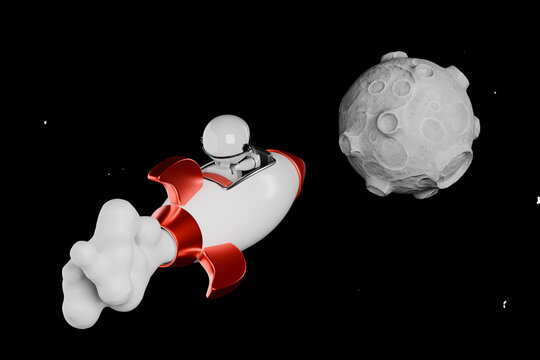 Cute astronaut in space with rocket near a planet