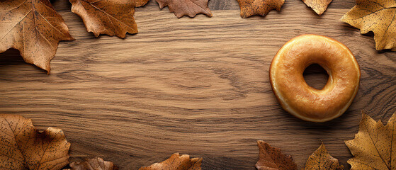 Fototapeta premium A cozy arrangement of a donut surrounded by autumn leaves on a rustic wooden surface, evoking feelings of warmth and seasonal change.
