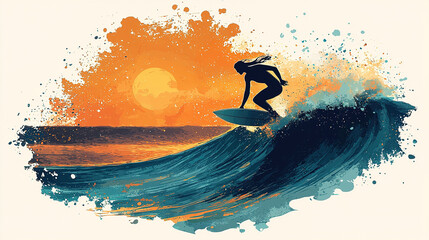 Surfer girl riding a big wave at sunset illustration