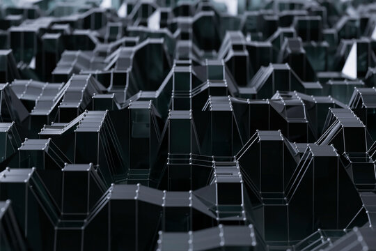 Abstract geometric black metallic structure with connected dots.