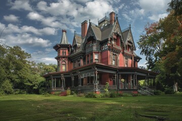 A grand Victorian mansion stands majestically with intricate architecture, framed by overgrown gardens and a dramatic cloudy sky, capturing timeless elegance.