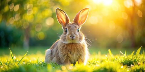 Fototapeta premium Sunny Meadow Bunny: Panoramic Portrait of Cute Long-Eared Rabbit