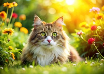 Sunny Summer Cat Portrait: Outdoor Pet Photography, Fluffy Cat in Sunlight, Happy Cat Outdoors