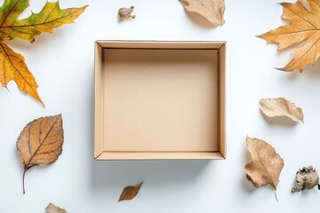 Empty craft box surrounded by autumn leaves on a white background