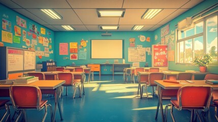 Fototapeta premium Colorful and Vibrant Classroom with Posters and Desks