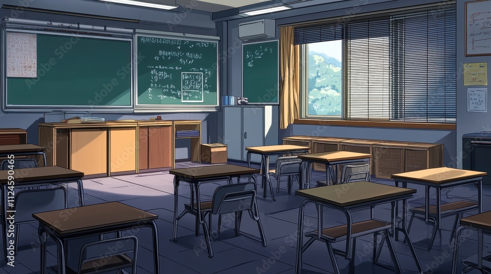 Poster cozy and studious classroom setting with chalkboard and desks