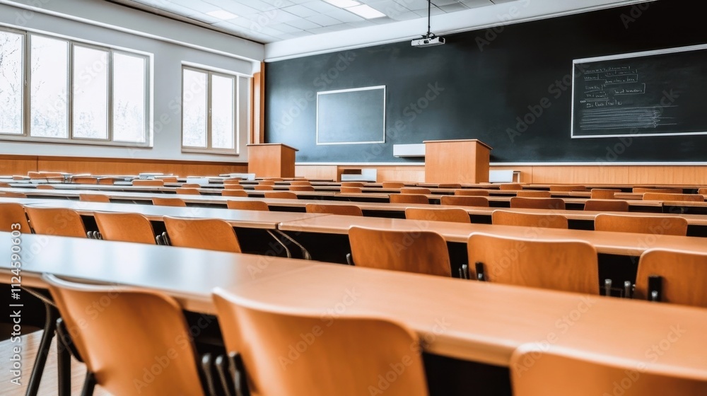 Poster empty classroom with chalkboard and comfortable seating