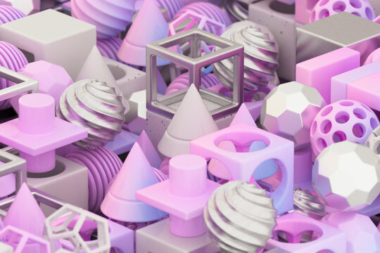 Abstract composition with colorful geometric shapes.