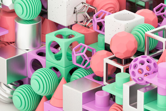Colorful geometric shapes in a 3D render.