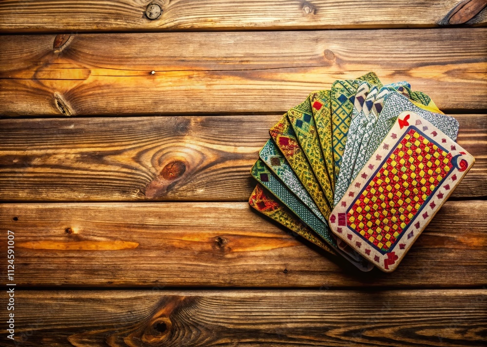 Poster a close-up view of a colorful set of playing cards on a wooden table with copy space for text or bra