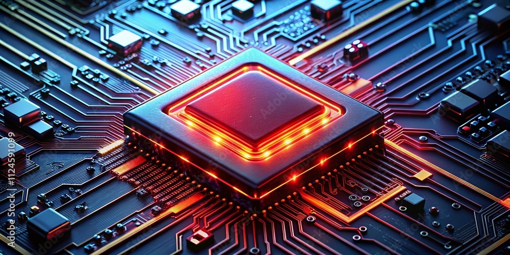 Poster a close-up view of a computer chip with red glowing edges, perfect for technology and innovation the