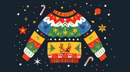 A modern flat illustration of an ugly Christmas sweater with bold and vibrant colors, featuring fun holiday patterns, perfect for National Ugly Christmas Sweater Day, in